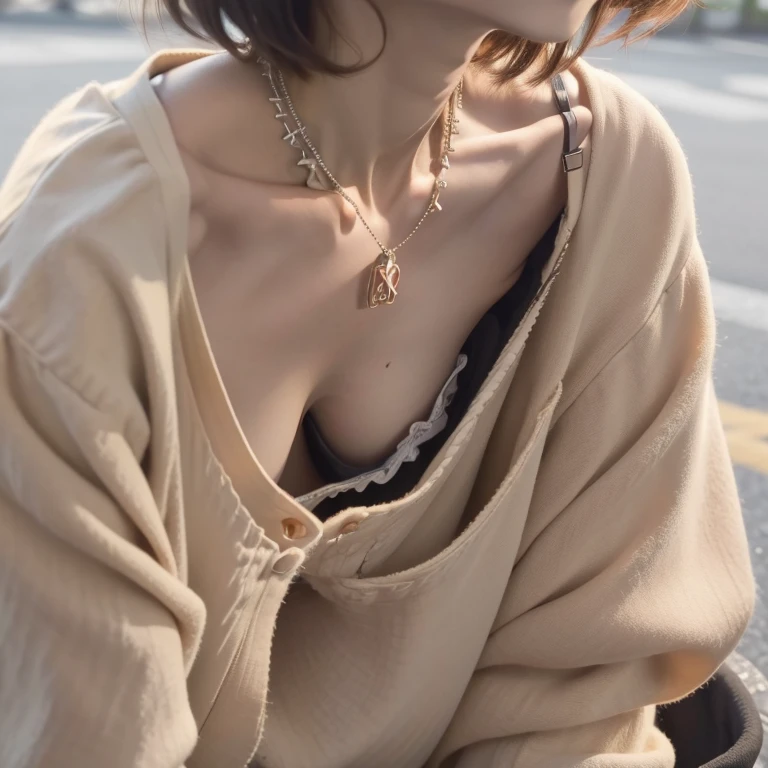 best quality, ultra high res, 8K, RAW photo ,cute girl, japanese, solo, flat chest,downblouse, detailed bra with embellishments,overlap shirt, (high resolution detail of human skin texture), short hair,necklace ,leaning over, view from side ,