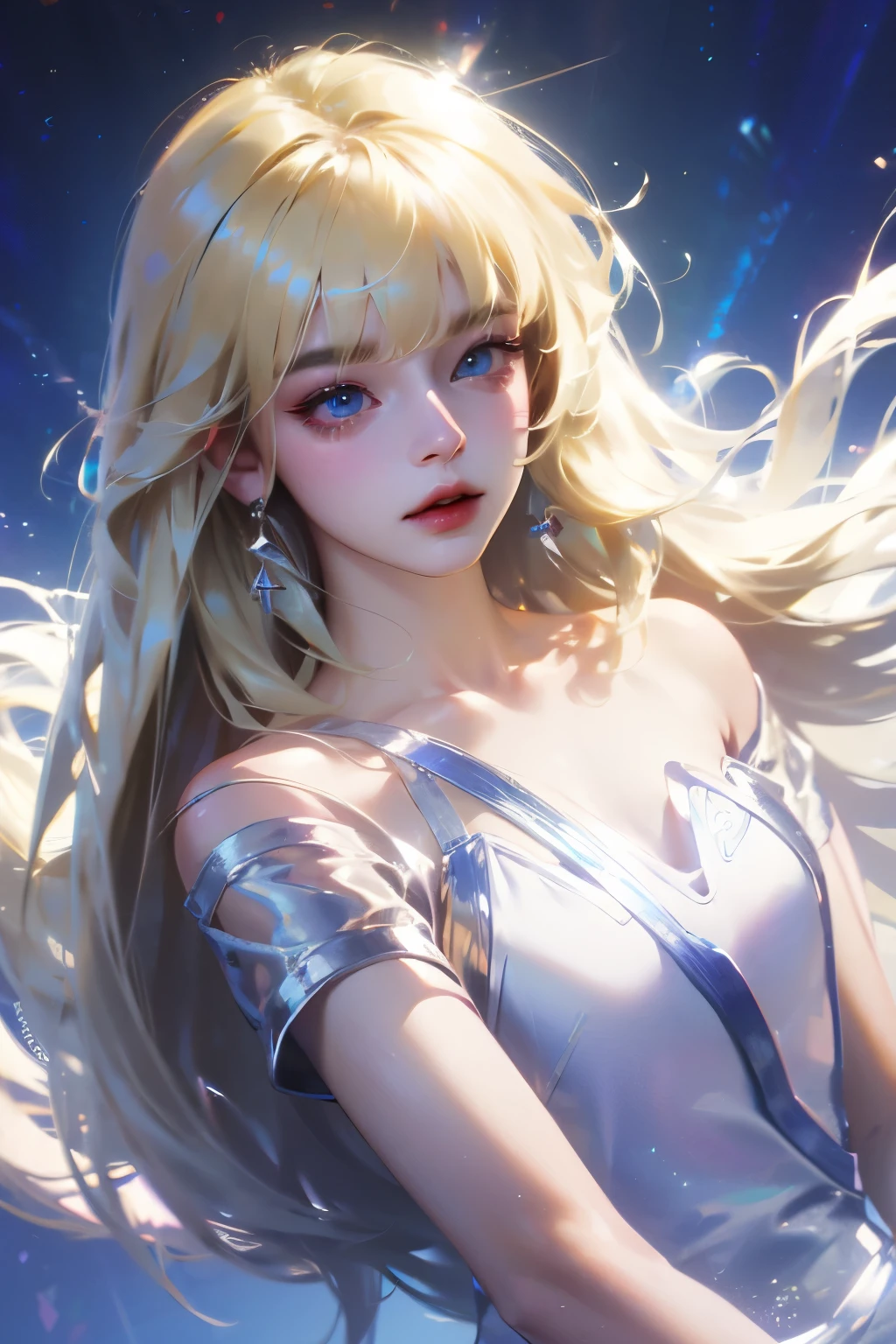 masterpiece, best quality, movie still, 1girl, cloud girl, floating in the sky, close-up, bright, happy, warm soft lighting, sunset, (sparks:0.7), light particles, volumetric lighting