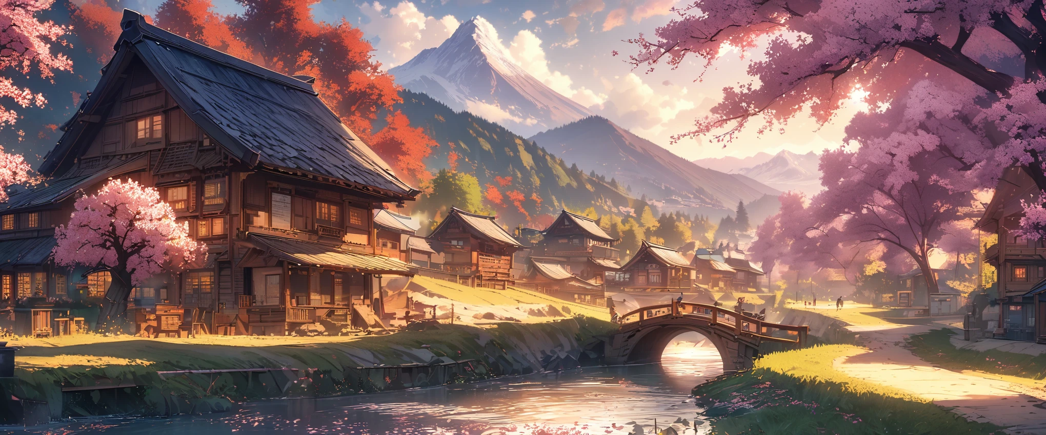 Draw a river and a small village, Anime beautiful peaceful scene, very beautiful scenery, landscape artwork, landscape art details, Very beautiful digital art, beauty of natural landscape, Beautiful art ultra hd 4k, very beautiful photos, beautiful nature, landscape wallpaper, really beautiful nature, Beautiful digital artwork, beautiful background, Cherry tree, anime style