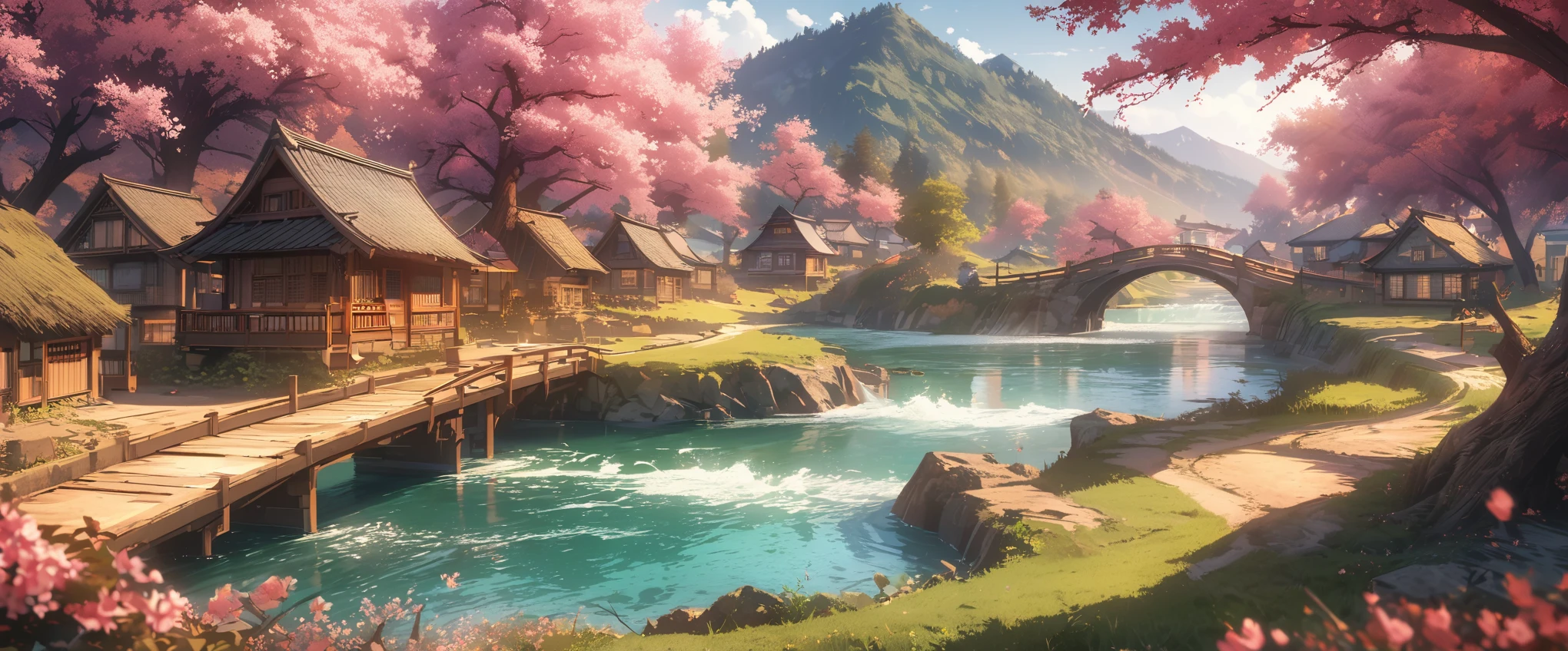 Draw a river and a small village, Anime beautiful peaceful scene, very beautiful scenery, landscape artwork, landscape art details, Very beautiful digital art, beauty of natural landscape, Beautiful art ultra hd 4k, very beautiful photos, beautiful nature, landscape wallpaper, really beautiful nature, Beautiful digital artwork, beautiful background, Cherry tree, anime style