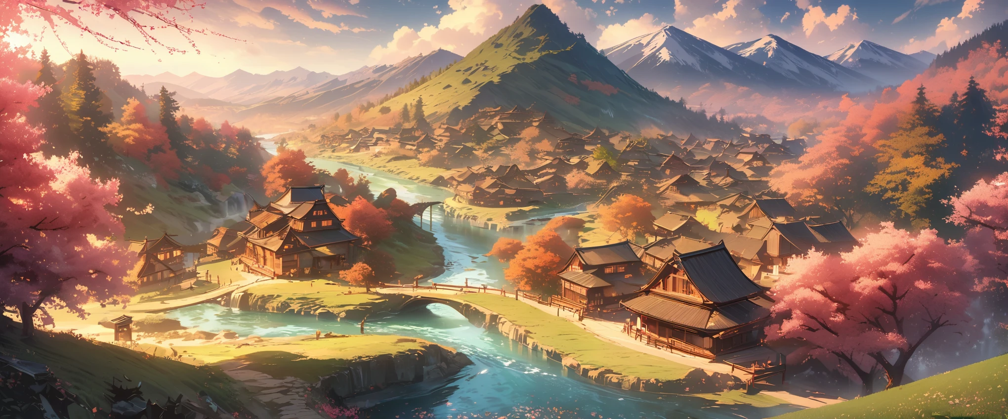 Draw a river and a small village, Anime beautiful peaceful scene, very beautiful scenery, landscape artwork, landscape art details, Very beautiful digital art, beauty of natural landscape, Beautiful art ultra hd 4k, very beautiful photos, beautiful nature, landscape wallpaper, really beautiful nature, Beautiful digital artwork, beautiful background, Cherry tree, anime style