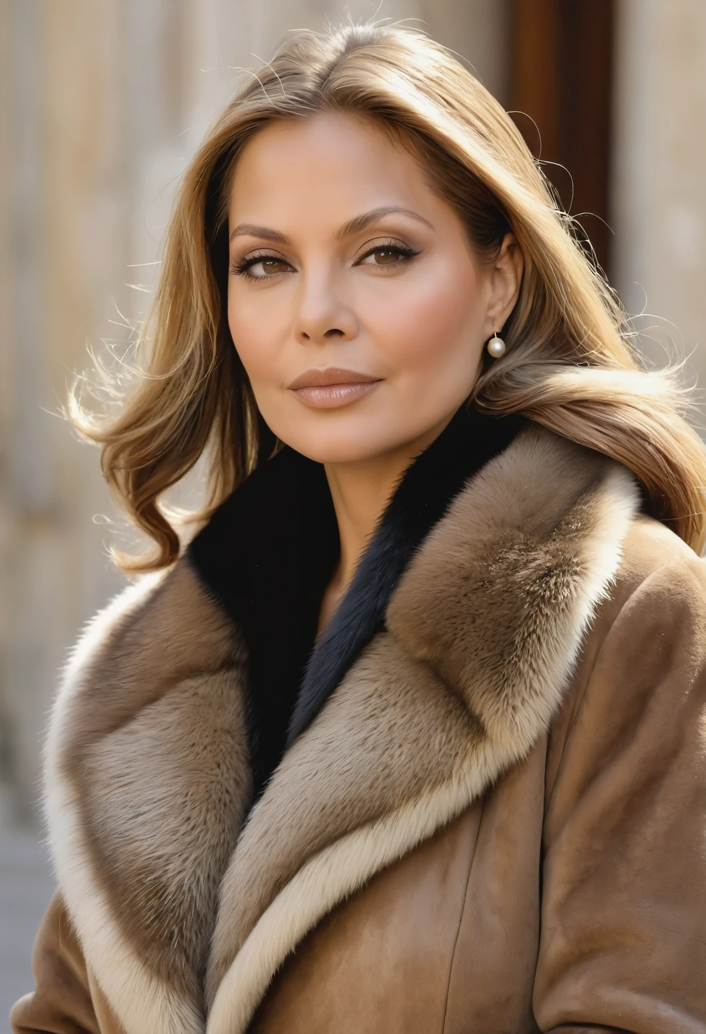 A very extra wide and very extra thick, manteau de fourrure en vison brown and sand, fifty centimeters thick, duveteux, naturel, with an ultra thick white and sand mink fur collar, three layers, sur Ornella Muti jeune , bare shoulders, and two large breast , place Saint Marc à Venise, maximum quality.