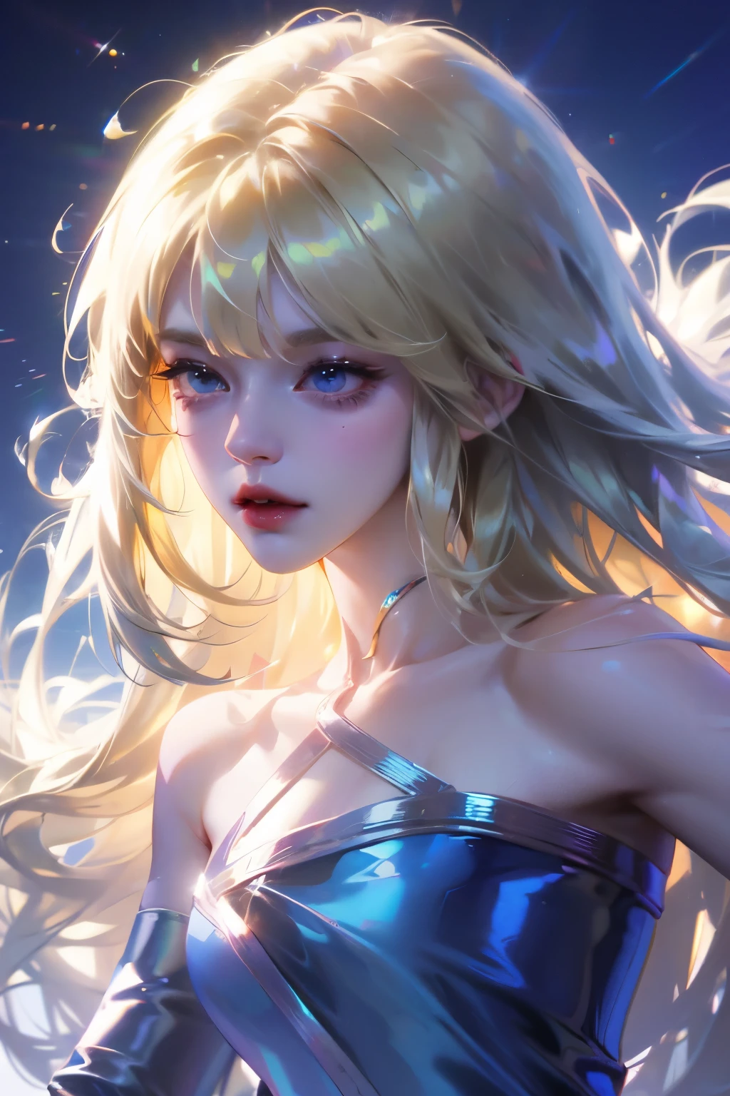 Unbeatable beauty, Skin is firm and shiny, bangs between eyes, Shiny straight beautiful platinum blonde, Silky extra long straight hair, Eyeliner, Sexy beautiful innocent 14 year old, HD big big beautiful bright blue eyes, beautiful cute girl, baby face, short sleeve,Dynamic sense