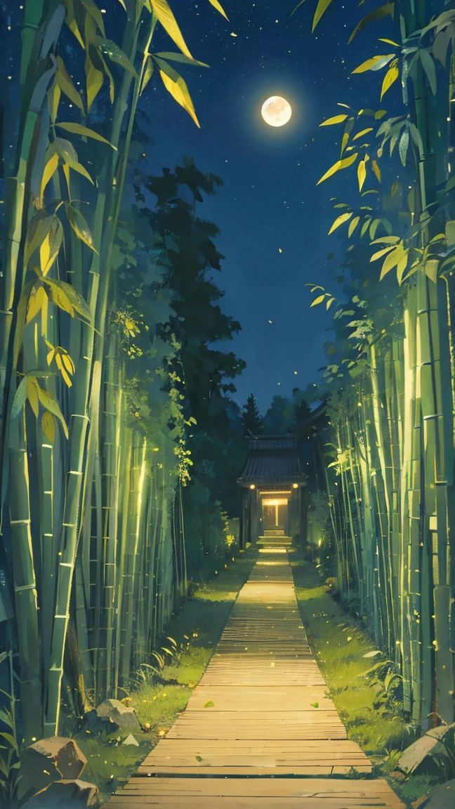 silent Night, quiet bamboo forest, Bamboo leaves falling in the wind, full moon in the sky, fireflies flying