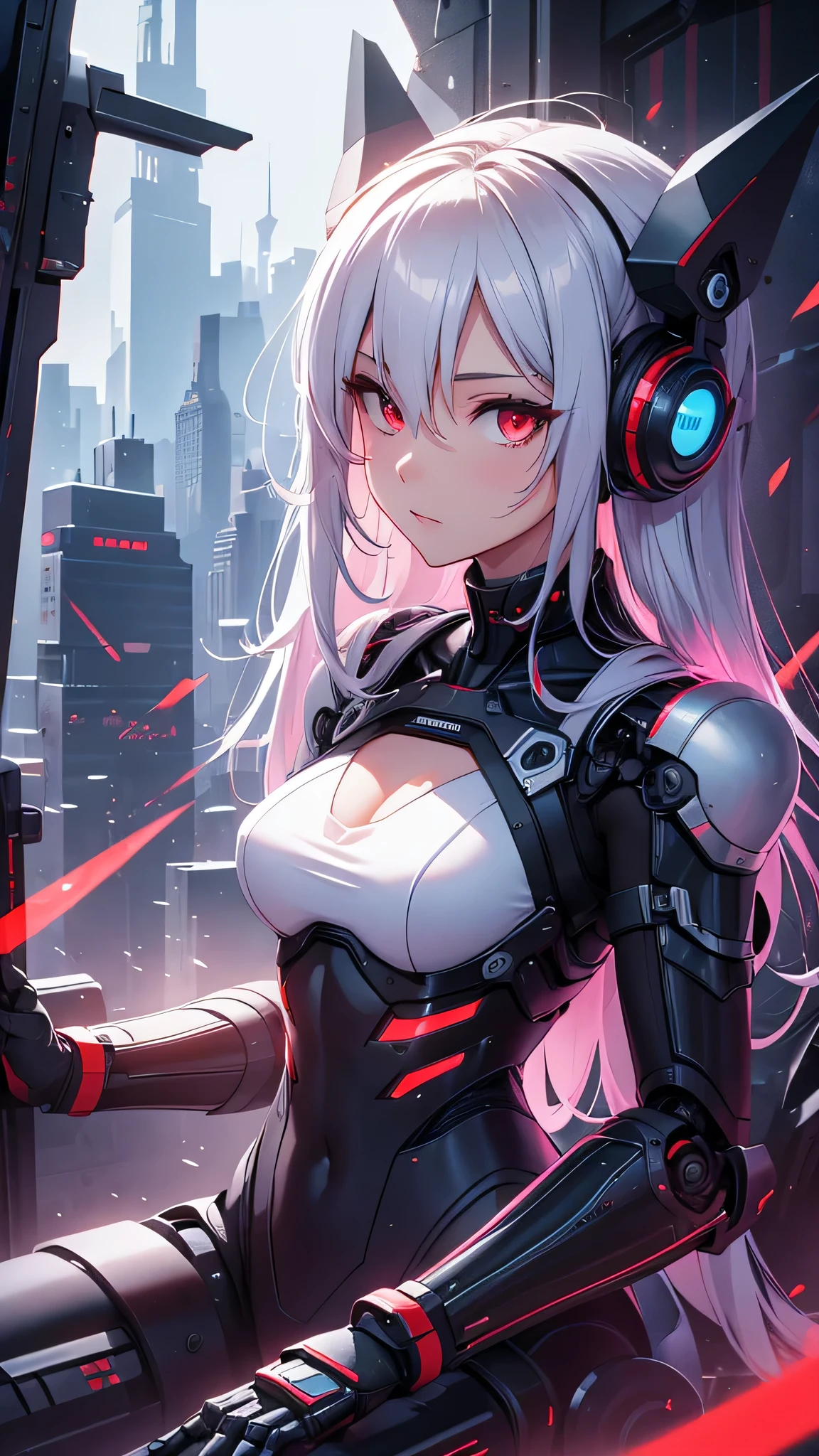 最high quality、best image quality、masterpiece、android girl((18-year-old、 By becoming、vest bust、medium bust,wide open breast tea、red glowing eyes, water hair、messy hair、long hair、thin,highest valley、white robot body、shining blue body、Close ~ eyes、All connected to cables、Show the whole body、robot arm、robot feet)),high quality、beautiful art、background((dark bio facility、dark room、high performance chair、Infrared Sensor、red lighting))、Flight、debris flies、Depth of written boundary、movie、visual art、perfect art、8K,genuine、