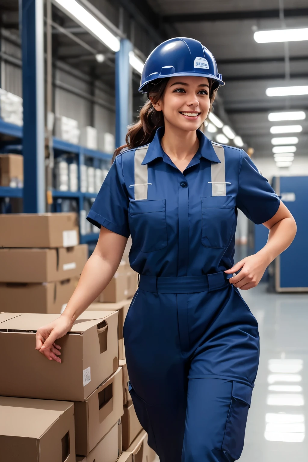Imagine a 28 year old woman, she is dressed in her factory work uniform and helmet. The uniform is dark blue and white helmet. His face is illuminated by a bright smile and his eyes convey determination and joy. She is tightly holding a toolbox, ready to start her work day. You can feel the positive energy she radiates despite the industrial environment around her. Her posture is confident and her stride is steady as she heads to her workstation. This image reflects a strong, hardworking and happy woman, ready to face any challenge the day may bring. 8k ultrarealistic. ultra-definition. 