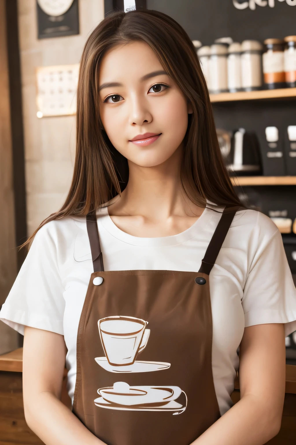 masterpiece, highest quality, Photoreal, Super detailed, finely, High resolution, 8k wallpaper, Professional, Advanced level of detail, ((A female college student working at a coffee shop:1.2)), slender Japanese woman,, detailed clavicle, Big breasts、perfect face, (Front facing:1.2)、medium long hair, chestnut hair、(T-shirt and apron:1.5)、cute face、(looking straight ahead:1.5)、(brown skin:1.5)、full body shot