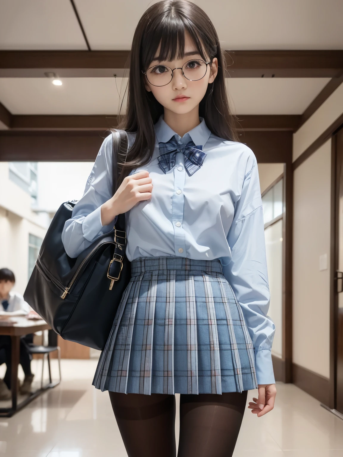 (Underwear is visible),(8K、Raw photography、top-quality、masterpiece:1.2),glamor,Chromo-white skin,cocky,School,watching at viewers,Looking at the front,Muchimuchi,Erotic,Pupils,de pele branca,kne,Student Bag((Black pantyhose)),absurderes,a small face,,flat breast,Parting the bangs from the middle、Forehead visible,(a cold expression,Tight eyes,glares,Bullish,skinny,Rasping,irate)、masterpiece,top-quality、超A high resolution,Raw photo,ren,Beautiful fece,One Person, solo,eye glass,,Dark look,Small breasts,fullllbody,Round glasses,JK ,hi-school girl,A Japanese Lady,is standing,(Photorealsitic:1.37)、Photon mapping,Realistic、Beautie,Cute little face,Brown-eyed、Black socks、(Red bow tie)、Radio City、Physically Based Rendering、depth of fields、Blurry background、a picture,Body,beauty legs, Long legs, Thin leg,(Bangs are visible), hair, s lips, Blue_The eye, nosesoft,(Light blue shirt), (Navy and blue and white plaid pleated skirt), Knees are visible,Sheer clothing,, Thigh, Black cotton socks,Nogizaka Idol, , Japanese ido
