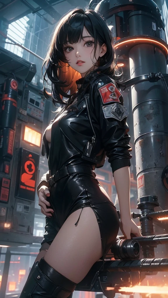 ((Best quality)), ((masterpiece)), (highly detailed:1.3), 3D, woman goddess (cyberpunk:1.3), woman dressed as sexy one-piece maid, long black hair looking at camera, nsfw