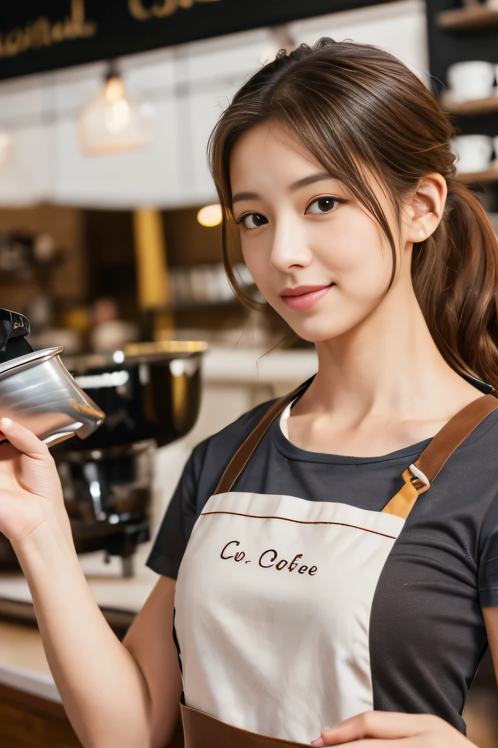 masterpiece, highest quality, Photoreal, Super detailed, finely, High resolution, 8k wallpaper, Professional, Advanced level of detail, ((A female college student working at a coffee shop:1.2)), slender Japanese woman,, detailed clavicle, Big breasts、perfect face, (Front facing:1.2)、medium long hair, chestnut hair、(T-shirt and apron:1.5)、cute face、(looking straight ahead:1.5)、(brown skin:1.5)、full body shot