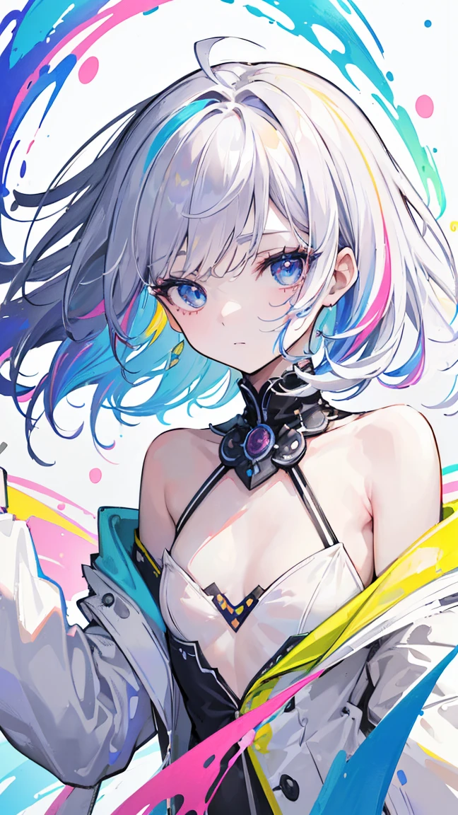 (((masterpiece))),(((best quality))),((very detailed)),(illustration),(dynamic angle), ((floating)),(Paint),((disheveled hair)), (alone),(1 woman), ((small_chest)), (((detailed anima face))),((Beautiful and detailed face)),color,bare shoulders, gray hair, ((colorful hair)),((striped hair)), beautiful and delicate eyes,(Gradient color eyes),(((colorful eyes))), (((colorful background))),(((highly saturated))),(((Surrounded by colorful spray))),(((surrounded by colorful dots))),Colorful bubbles,((shining))