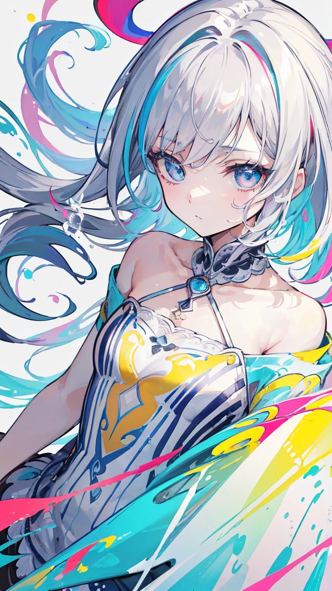 (((masterpiece))),(((best quality))),((very detailed)),(illustration),(dynamic angle), ((floating)),(Paint),((disheveled hair)), (alone),(1 woman), ((small_chest)), (((detailed anima face))),((Beautiful and detailed face)),color,bare shoulders,  gray hair, ((colorful hair)),((striped hair)), beautiful and delicate eyes,(Gradient color eyes),(((colorful eyes))), (((colorful background))),(((highly saturated))),(((Surrounded by colorful spray))),(((surrounded by colorful dots))),Colorful bubbles,((shining))