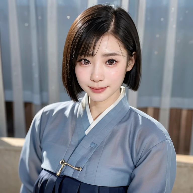 (kawaii 24 year-old Japanese girl, Nogizaka idol, Korean idol), (glossy black hair, medium bob cut:1.3), (extra rounded face, forehead, single eyelid, no makeup, soft smiling:1.2), (well shaped whitened teeth:0.7), (wearing light blue Hanbok, Korean traditional cloth:1.3), well shaped extra small breasts, (looking at viewer:1.2), BREAK, (simple outdoor background:1.3), (portrait, id photo, close shot, view from straight forward:1.3), BREAK, (masterpiece, best quality, photo realistic, official art:1.4), (UHD, 8K quality wallpaper, high resolution, raw photo, film grain:1.2), (shiny skin), professional lighting, physically based rendering, award winning, (perfect anatomy, highly detailed skin, extremely detailed face and eyes, well drawn glittering pupils), Carl Zeiss 85 mm F/1.4, depth of field, 1girl, solo,