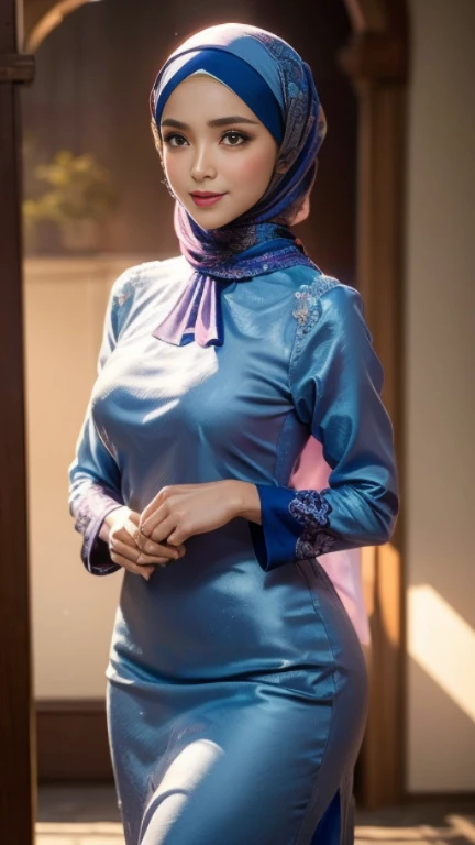 beautiful girl, wearing traditional baju kurung, ultra-detailed, detailed faces, detailed skins, 8k masterpieces, cinematic lighting, ((1girl)), ((solo)), firm push-up breasts, modest breasts, slim and slender body, long hijab, eid mubarak, in malay village house, half body, at the door