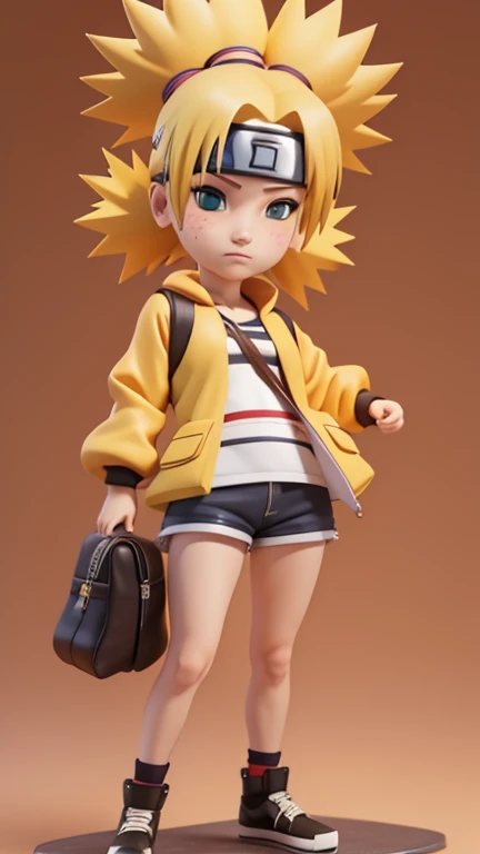 masterpiece, best quality, 8k, cinematic light, ultra high res, chibi, 1girl, temari from naruto, shorts, yellow hair, bag, spiked hair,  jacket, shoes, brown eyeull body:1.2), freckles, standing,