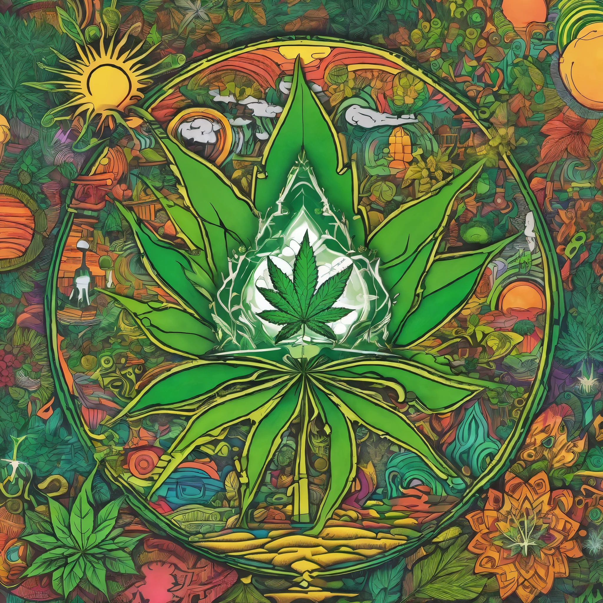 a close up of a ใบmarijuana surrounded by flowers and plants, ภาพวาดอินทรีย์marijuana, weed background, marijuana, marijuana, official artwork, marijuana!, Psychedelic plants, psychedelic hip hop, hippie plate, marijuanaไม่สมมาตร, drug, high detailed official artwork, pot leaves, Stoner, ธีมmarijuana, weed, marijuanaเขียวขจี, ใบmarijuana, ตัวตนของmarijuana