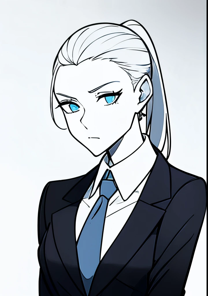 One Young Adult female, pale blonde slicked back into a short ponytail with a single bang on the left hand side, steel blue eyes, light and carefree expression, wearing black suit jacket and tie, portrait style, facing forwards