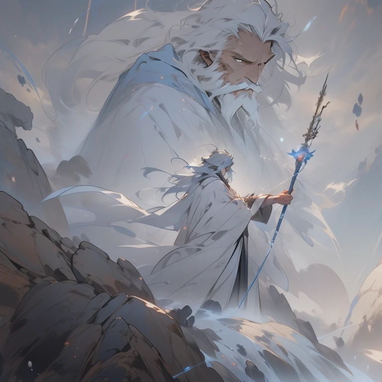 drawing of a man holding a stick in his hand, long trunk holding a wand, waving robe movement, cloak flittering in the wind, t-pose of wizard, holding a staff, wearing a flowing cloak, holding staff, flowing hair and long robes, detailed, high quality, 8k, man facing the opposite direction, showing his back