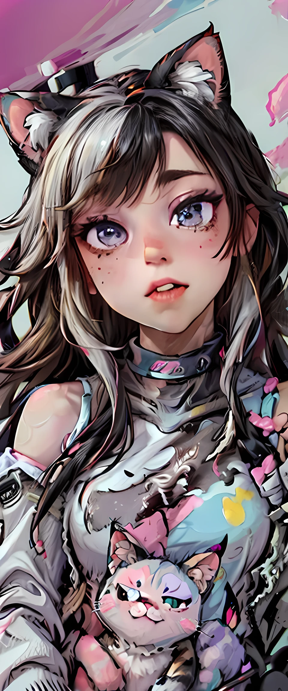 jessicagraham, a close up of a cat's face with colorful paint splatters, multicolored vector art, cat design, cat. digital painting, painted in bright water colors, painting of a cat, a painting of a cat, vector art style, colorful hd picure, beautiful neon cats, colorful picture, colorful sketch, 