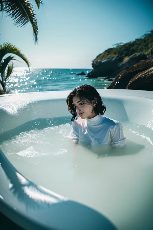 a sweet girl in wet thin strapless long sleeve shirt chill out in the bathtub full with water and ice , hot weather , at noon , on the beach under the tree , cinematic shot , ocean background , mood and tone , light and shadow , realistic , 4k 