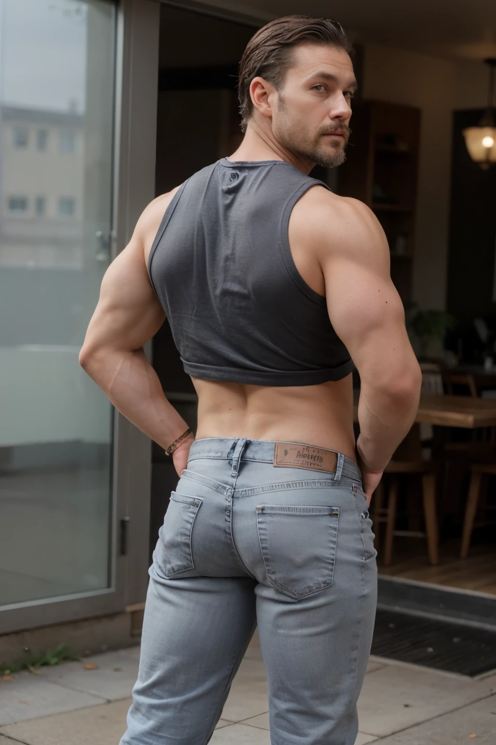 muscular manly man, 40 years old, full length, beard, turning to the camera, gray jeans. Backside
