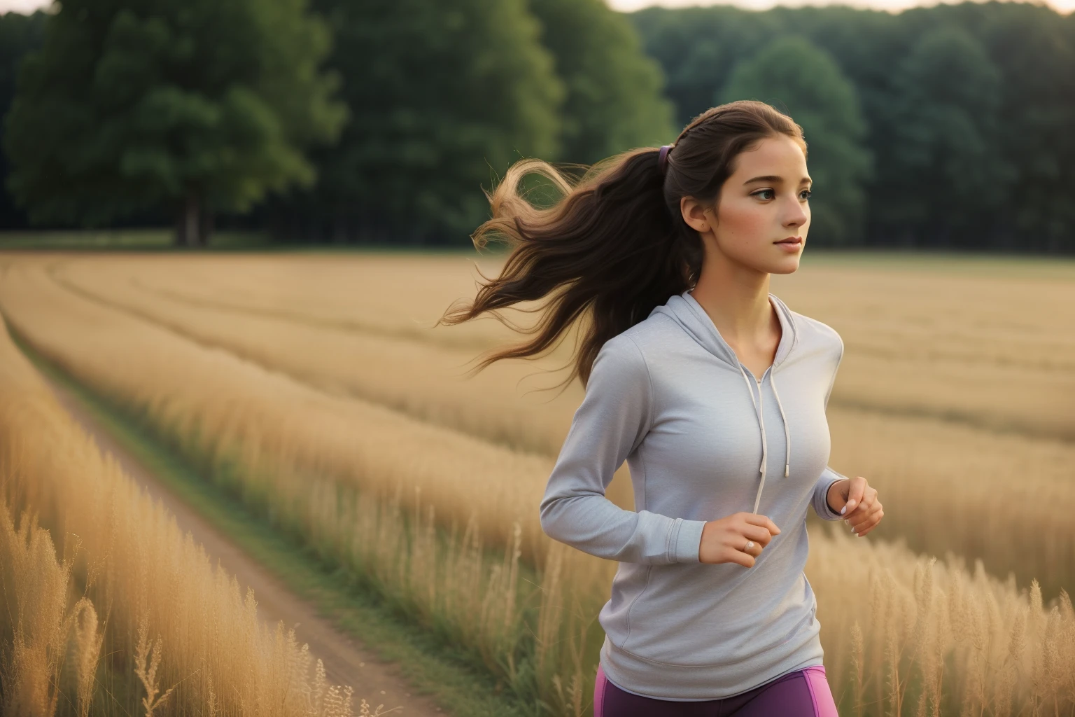 Little Wing, Wisconsin, 2014. A young ((((30-year-old)) Beth)), attractive, delicate features, graceful, warm and expressive eyes, strong, resilient, jogging through the field, early morning. ((((stylish clothings from the 2010s)))), ((long flowing hairstyle of the 2010s)), colorful