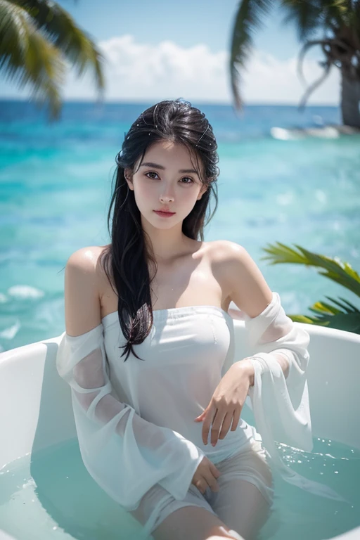 a sweet girl in strapless long sleeve shirt chill out  on the bathtub full with water and ice , hot weather , at noon , on the beach under the tree , cinematic shot , ocean background , mood and tone , light and shadow , realistic , 4k ,  Photo style Leica M11