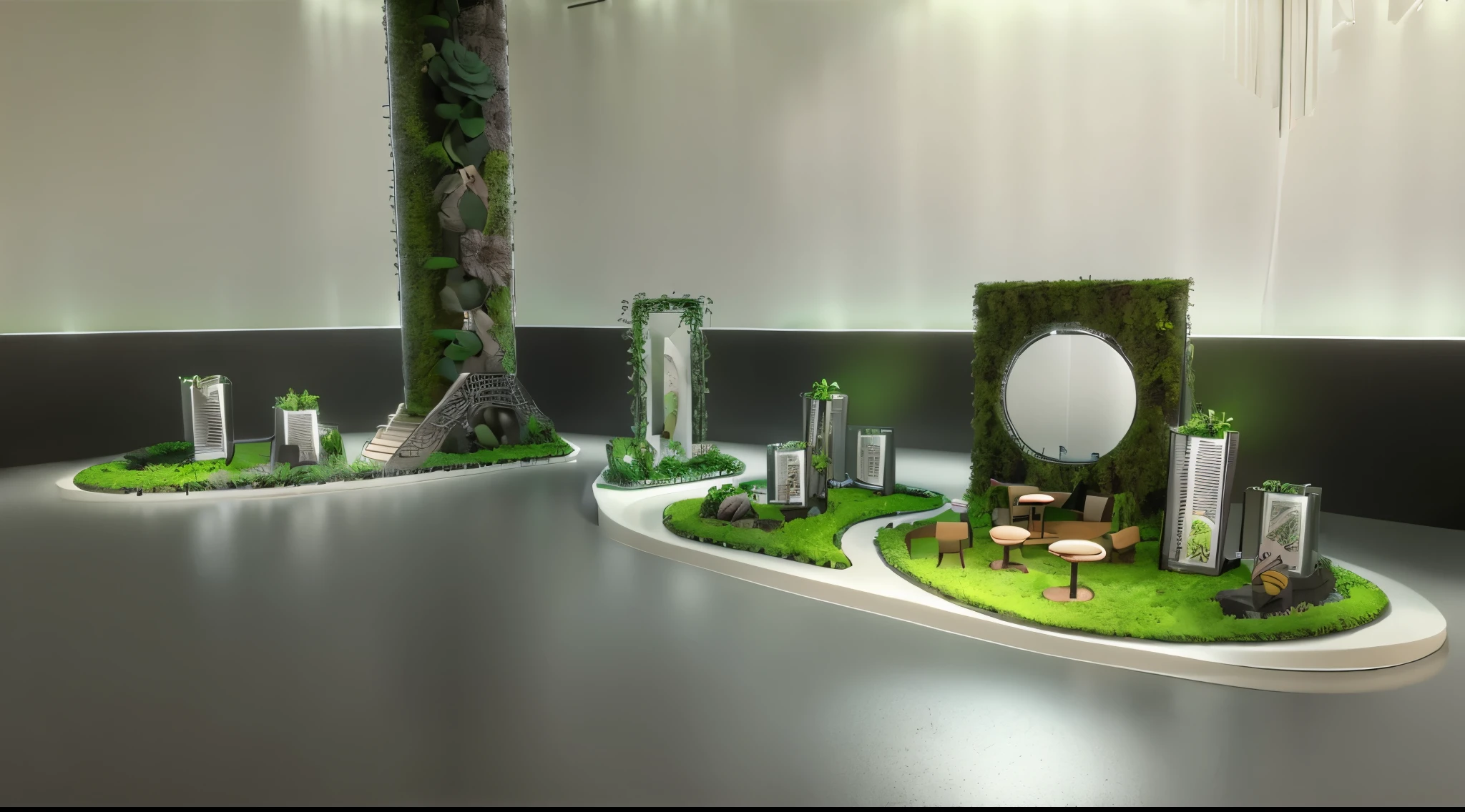 The exhibition stand has an organic shape and green and white colours. Plants and flowers grow on the walls of the booth. Moss grows in some places in the front. There is also water in one corner. At the top of the stand, two small animal sculptures stand next to each other. Above the floor hangs a minimalist installation, rendered in a digital style.Award-winning, 4K, best quality