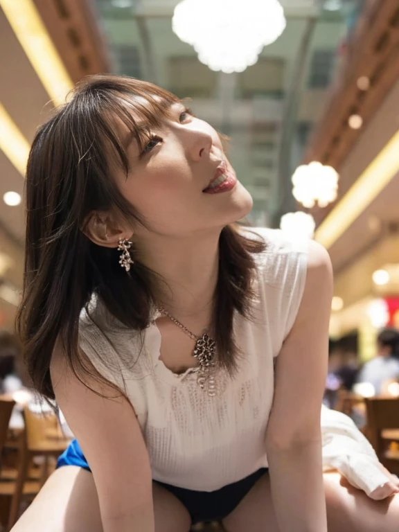 a women, (blush), ecstasy face, earrings, necklace, climbing and straddling to hit her cute panties on the corner of the table, open legs, raise leg, open mouth, (masturbation), large mall, ceiling, place where many people, (anime background),