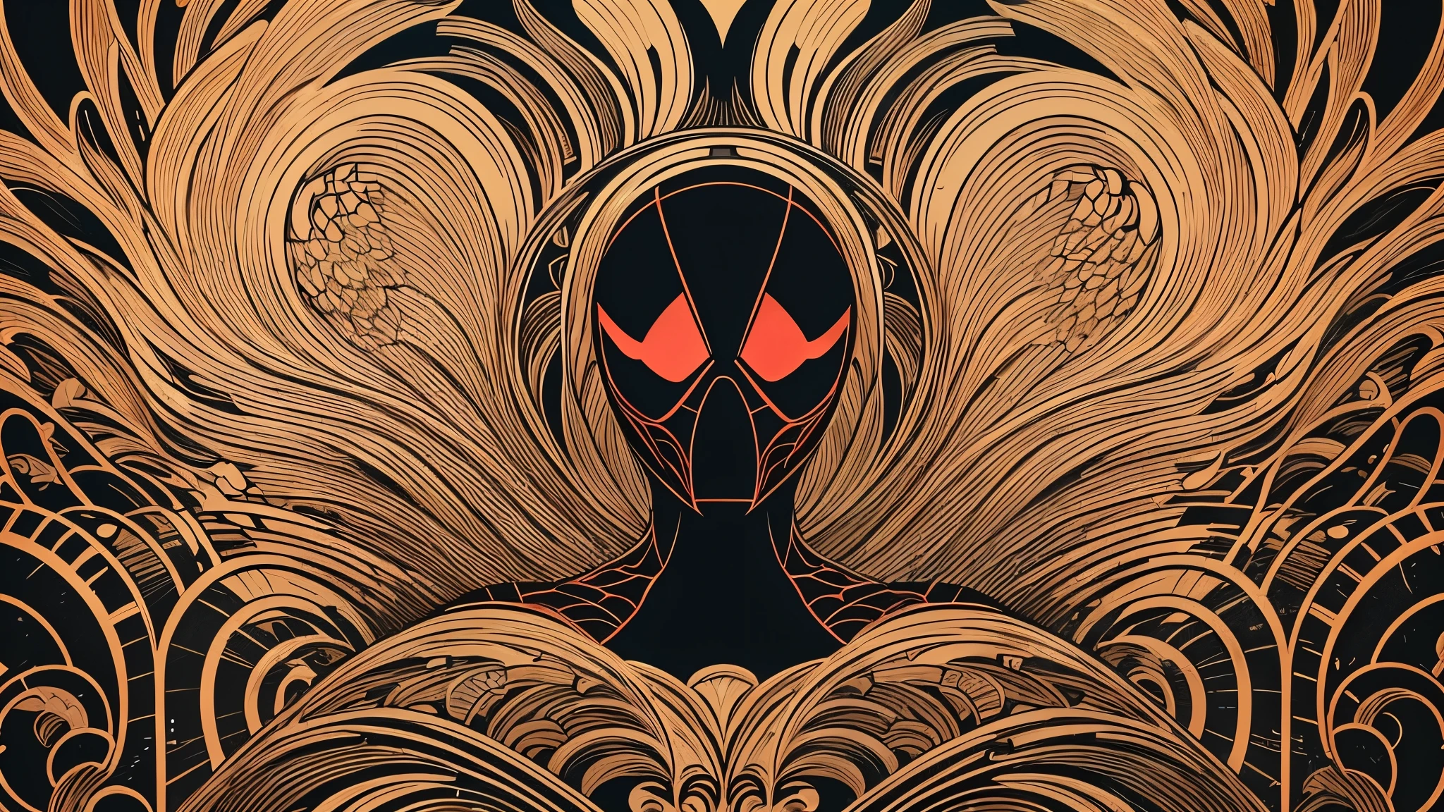 A flat background composed of Black Spider-Man elements（Black, red and gold composition）；The character silhouette of Black Spider-Man is used as the center and composition element of the background.（reference（Black Spider-Man）Shape and pattern characteristics）The outside is echoed by patterns；clear lines，Simple；Picture symmetry，Quadripartite continuous pattern；Black background，Gold pattern，Red embellishment；The material has a bumpy texture，Paper texture。colorful，Color coordination。Gatsby style；Rich in details。Decorative Arts，Luxury style，graphic arts。Poster style。(masterpiece, best quality)