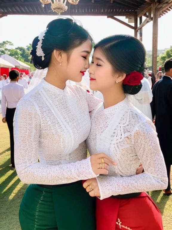 2 girls who gets married and stands in front of many people, kissing.Burmese traditional wedding.