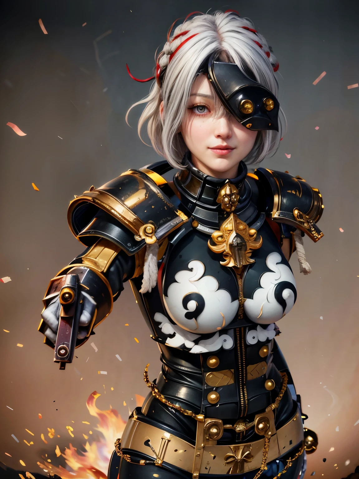 (Best Quality), (8K Resolution: 1.2), (Photorealistic, Ultra Detail, Clear Focus 1:0), A mature sister of battle firing her her storm bolter at the viewer, beautiful pretty a sadistic smug smile, short white messy hair with bangs. (1girl:1.3), (hair over eyes:1.5), ((aiming at viewer, holding pistol 2)), warhammer fantasy art style.