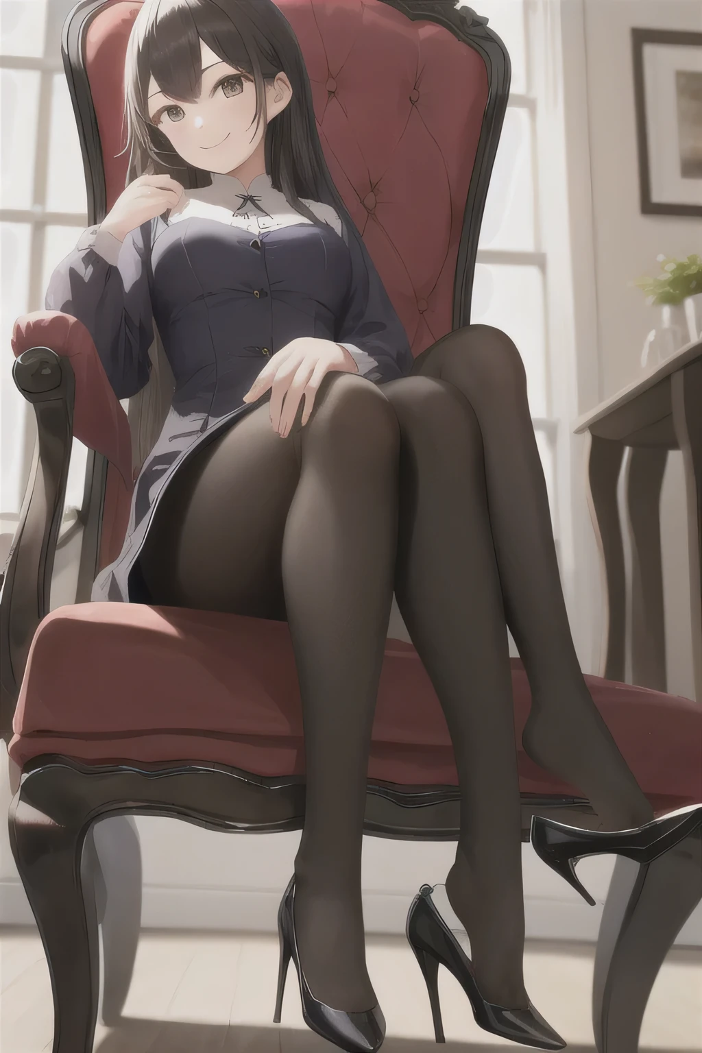 masterpiece, highest quality, High resolution, 1girl High heels hanging down, sitting, Chair、smile、black tights
