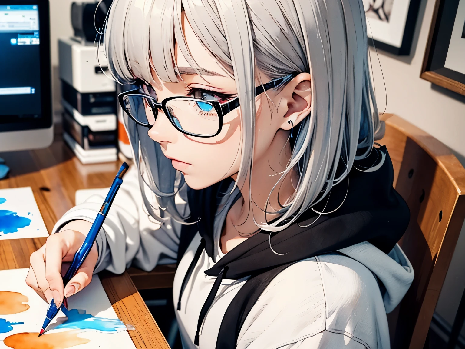 A dedicated painter girl,wearing thin glasses,White hoodie,shorts,looks very fashionable,gray hair,Black pupils,Focused eyes,Look at the computer carefully,Holding an electric paint pen,anime like style,Super detailed watercolor art,static pose,perfect shade,High-definition facial features,delicate cheeks,Full of details,Half body,close shot,profile