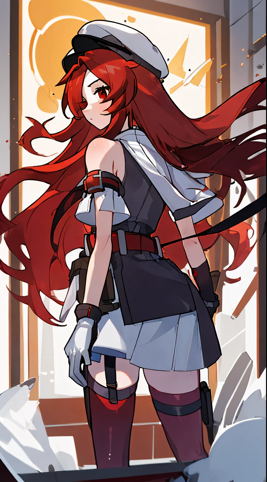 ((best quality)), ((masterpiece)), ((1girl)), ((long 
red hair)), FerryBase, ((stockings belt)), bare shoulders, ((cap)), , white hoodie, high waist skirt, ((gloves)), flutter hair, cam engle from behind, leadership, 