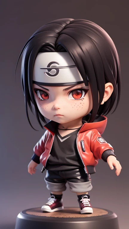 masterpiece, best quality, 8k, cinematic light, ultra high res, chibi, 1boy, Itachi Uchiha from naruto, shorts, black hair, spiked hair, Akatsuki jacket, shoes, brown eyeull body:1.2), freckles, standing,