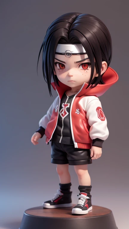 masterpiece, best quality, 8k, cinematic light, ultra high res, chibi, 1boy, Itachi Uchiha from naruto, shorts, black hair, spiked hair, Akatsuki jacket, shoes, brown eyeull body:1.2), freckles, standing,