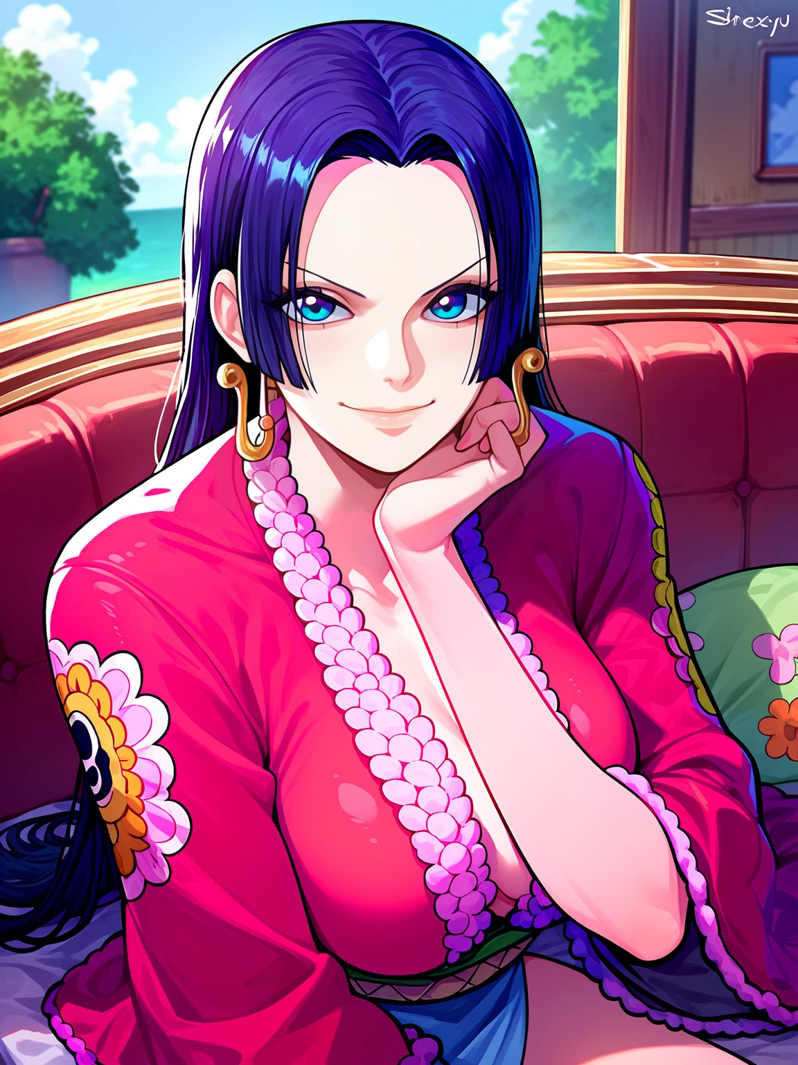 source_anime,score_9,score_8_up, score_7_up, 1girl,solo,outdoors,one piece, boa hancock, couch, indoors, seductive,, face closeup, ((closed mouth)), smirk
