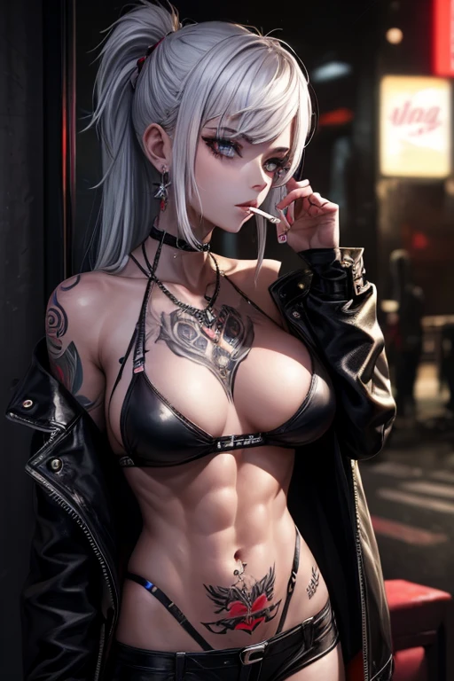 masterpiece, smoking girl, smokes cigarette, silver hair, normal breast, abs, black tatoo, more tatoo, wear a string, Background (is a bar in a cyberpunk style). wear combat boots