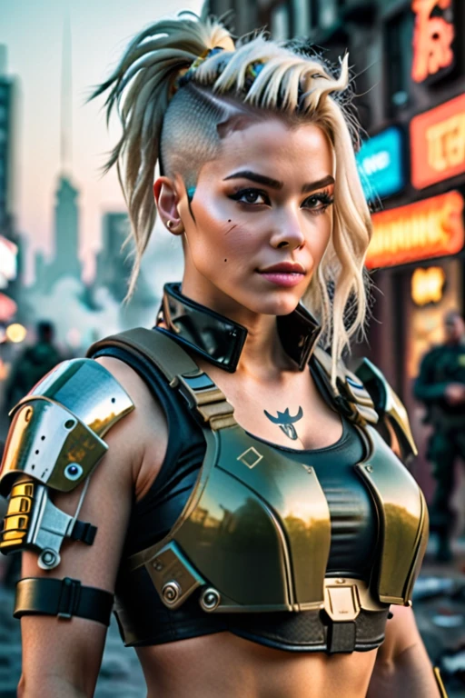 photo of Milly Alcock walking in a futuristic street at night, cyberpunk theme scene, walking pose, neon signs, busy street full of people, kneeling pose, chainmail, neon cyberpunk clothing, big gold jewelry, bronze medieval body armor, holding a sword, action pose, leather armor, futuristic body armor, glowing technology accessories, punk fashion, platinum blonde hair, rocker fashion, robotic arm, neon signs, tattoos, perfect face, boots, high detail eyes, blue eyes, stunning color eyes, ultra high detail face, cinematic lighting, studio lighting, diffused neon light, wide angle shot, dynamic camera angle, creative camera angle, best quality, masterpiece, (slim petite body:1.4), (realistic, photo-realistic:1.37), <lora:Milly-Alcock-Lora-09:0.8>