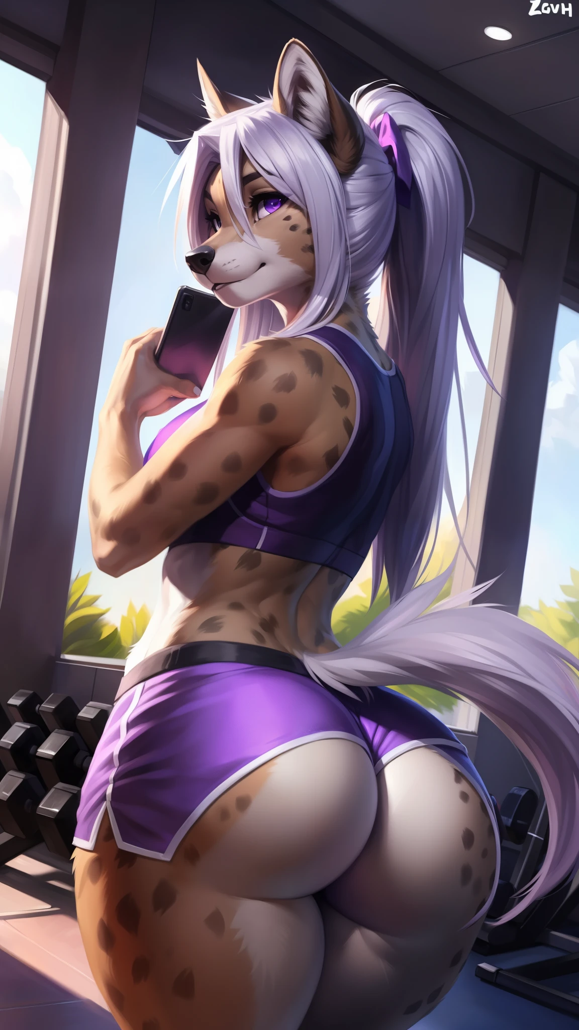 (anthro)) hyena, Ross Tran, by ruan jia, by zaush, by foxovh Best Quality, masutepiece,, Illustration, Wallpaper,1girl in, Solo, Bright purple-silver hair, Semi-long hair, Beautiful detailed girl, extremely detailed eye and face, Beautiful detailed eyes, Shy, natural_Lighting, Glow,NSFW, Clean sky, Looking at Viewer, gym, Straight hair, Purple petals, Ponytail, Blue Ribbon,White hair, Thick_thighs thighs thighs thighs, big ass, wearing tight gym booty shorts, taking a gym selfie of her butt with her phone