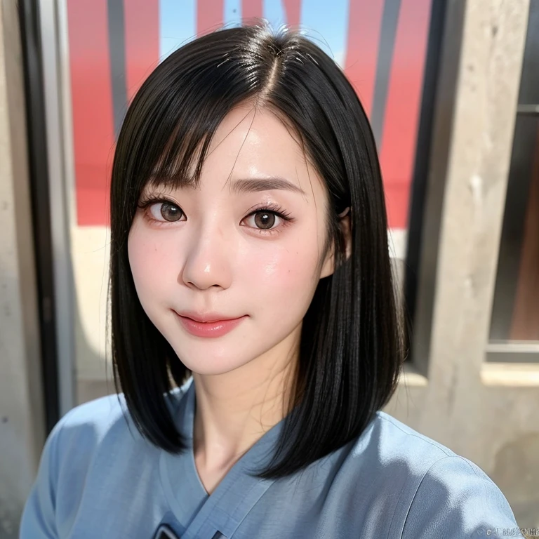 (kawaii 24 year-old Japanese girl, Nogizaka idol, Korean idol), (glossy black hair, medium bob cut:1.3), (extra rounded face, forehead, single eyelid, no makeup, soft smiling:1.2), (well shaped whitened teeth:0.7), (wearing light blue Hanbok, Korean traditional cloth:1.3), well shaped extra small breasts, (looking at viewer:1.2), BREAK, (simple outdoor background:1.3), (portrait, id photo, close shot, view from straight forward:1.3), BREAK, (masterpiece, best quality, photo realistic, official art:1.4), (UHD, 8K quality wallpaper, high resolution, raw photo, film grain:1.2), (shiny skin), professional lighting, physically based rendering, award winning, (perfect anatomy, highly detailed skin, extremely detailed face and eyes, well drawn glittering pupils), Carl Zeiss 85 mm F/1.4, depth of field, 1girl, solo,