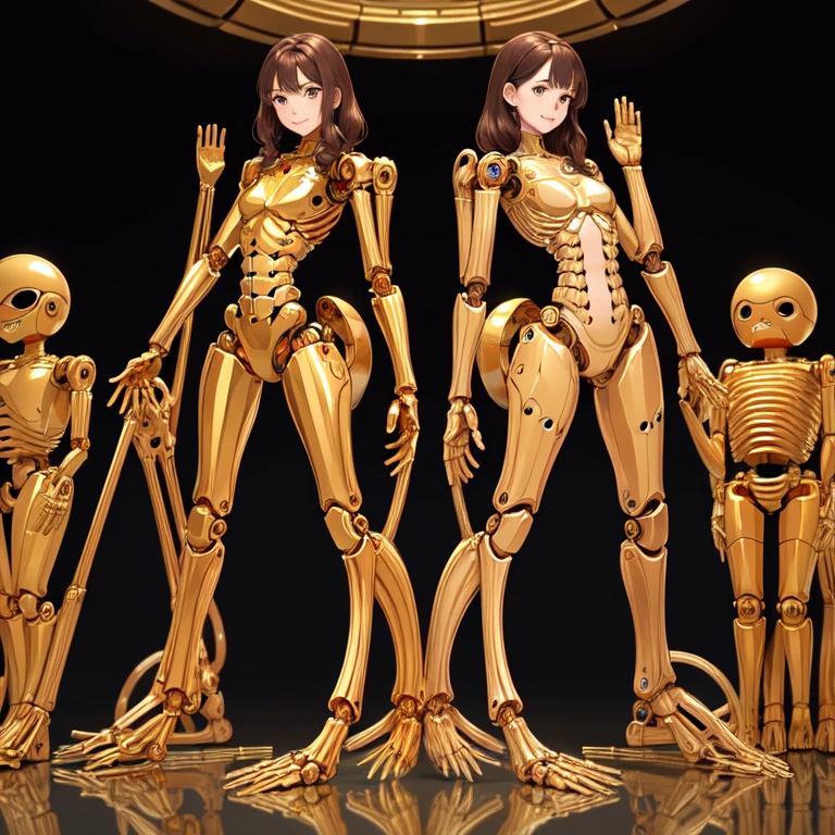 woman, 
brown hair,
 wavy hair,
 hazel eyes,
 very detailed,
 smile,
 Everyone is a machine except for their faces.,
 All have mechanical limbs,
 No clothes for everyone,
 All exposed internal skeletons,
 All gold frames,
 full body shot,
 Millions of Robot Girls, Crowded, Marching background robot girl