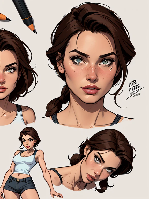 Rachel WeiszTurnaround sheet sorriso feliz Personagem Lara croft imagem de corpo inteiro desenho animado de uma mulher .cartoon style illustration, estilo de arte dos desenhos animados, estilo de arte dos desenhos animados, digital illustration style, design de personagens altamente detalhado, arte digital detalhada fofa, City fan art, Design de personagens de retrato, beautiful digital illustration, retrato de alta qualidade, Arte em quadrinhos, mulher jovem. expression of sexual desire