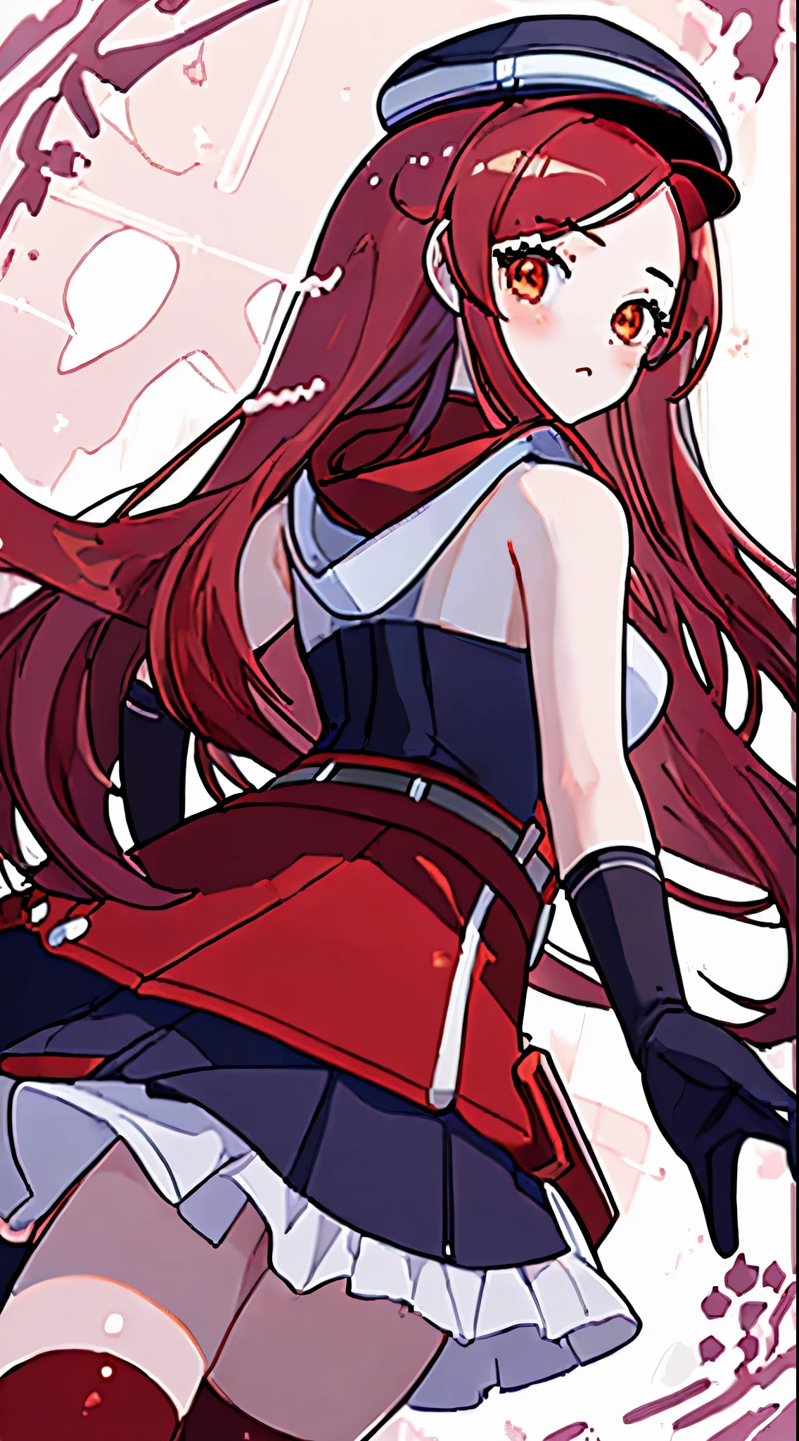 ((best quality)), ((masterpiece)), ((1girl)), ((long
red hair)), FerryBase, ((stockings belt)), bare shoulders, ((cap)), , white hoodie, high waist skirt, ((gloves)), flutter hair, cam engle from behind, leadership,