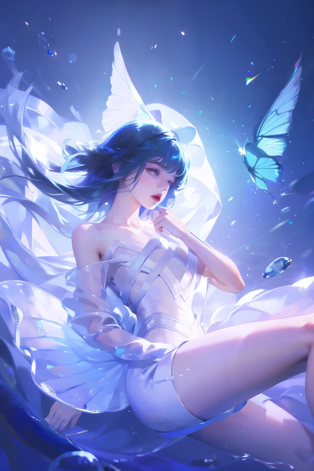 1 girl，clear water，blue butterfly，Pure white gauze skirt，sparkling，Upper body close-up
