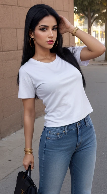 ((Best Quality, 8k, Masterpiece:1.3)), Focus: 1.2, Perfect Body Beauty: 1.4, front looking 1.2, (long straight black hairstyle)), (Gray round neck plain Tee-shirt, regular fitting:1.1) , (sunny weather, Street:1.3), Baggy fitting jeans , full length blue baggy jeans: 1.1, Highly detailed face and skin texture, Detailed black eyes, Double eyelids, toned body, Whitened skin, black straight hair's, heels, firm breasts, firm thiges, looking at camera, fashion shoot style, full body length tee-shirt, Short sleeves, high heels, big earrings, hand bangle's and golden watch. Carrying brown hand bag, natural lips, no lipstick, baggy tee-shirt, lose baggy Teeshirt ,standing at Minar e Pakistan Lahore