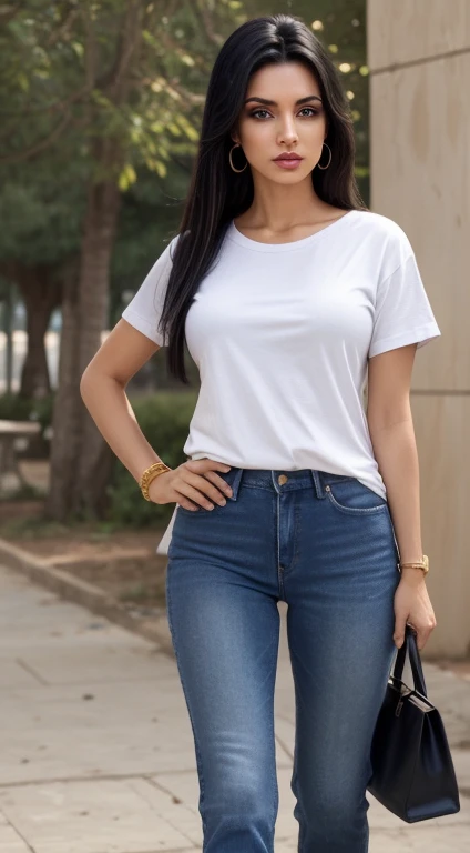 ((Best Quality, 8k, Masterpiece:1.3)), Focus: 1.2, Perfect Body Beauty: 1.4, front looking 1.2, (long straight black hairstyle)), (Gray round neck plain Tee-shirt, regular fitting:1.1) , (sunny weather, Street:1.3), Baggy fitting jeans , full length blue baggy jeans: 1.1, Highly detailed face and skin texture, Detailed black eyes, Double eyelids, toned body, Whitened skin, black straight hair's, heels, firm breasts, firm thiges, looking at camera, fashion shoot style, full body length tee-shirt, Short sleeves, high heels, big earrings, hand bangle's and golden watch. Carrying brown hand bag, natural lips, no lipstick, baggy tee-shirt, lose baggy Teeshirt ,standing at Minar e Pakistan Lahore
