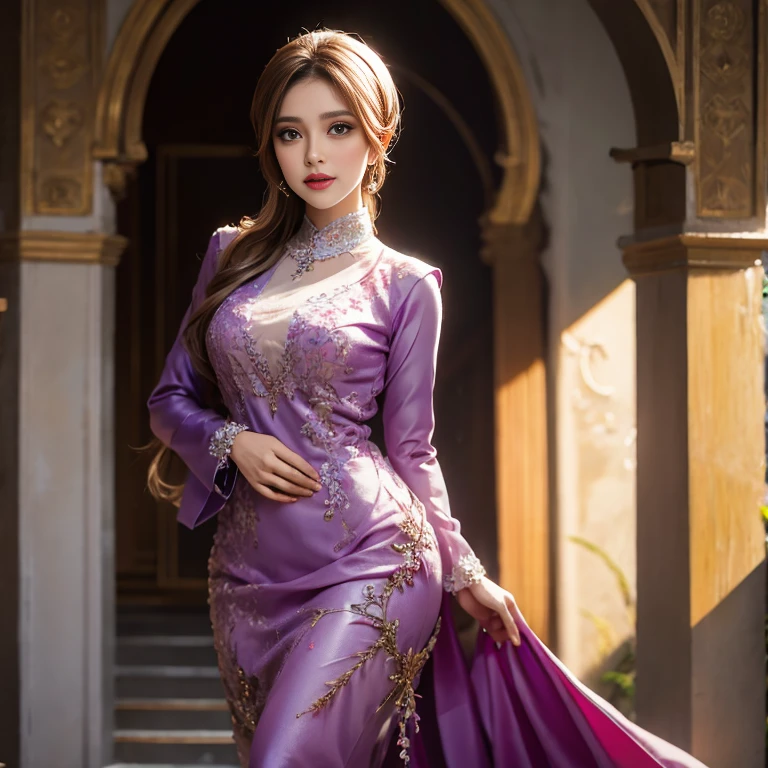 beautiful girl, wearing traditional baju kurung, ultra-detailed, detailed faces, detailed skins, 8k masterpieces, cinematic lighting, ((1girl)), ((solo)), firm push-up breasts, modest breasts, slim and slender body, long hijab, eid mubarak, in malay village house, half body, at the door