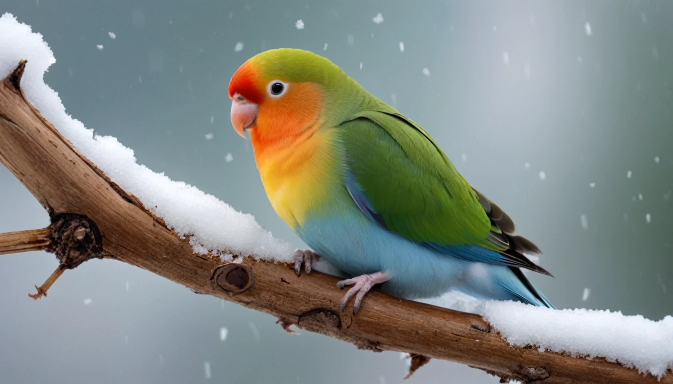 Beautiful lovebird sitting on a tree branch in the snow glacier:: beautiful wallpaper:: free
